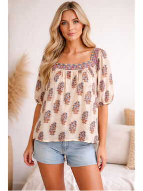 Lucky Brand Peasant Blouse Top Size XL Floral Berry Boho Short Sleeve Ivory